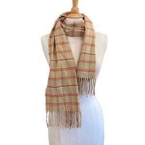 Lands' End Tan, Red Plaid Scarf with Fringe, Unisex, OS, Preppy, Casual